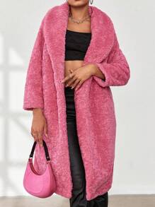 SHEIN Unity Women's Solid Color Faux Fur Collar Long Sleeve Warm Winter Midi Coat (Faux Fur Lined) - Pink - View 3