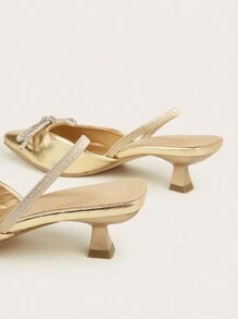 女士尖头高跟鞋，优雅时尚，适合秋冬季节，猫跟设计，派对必备 - 金色 - 查看 2