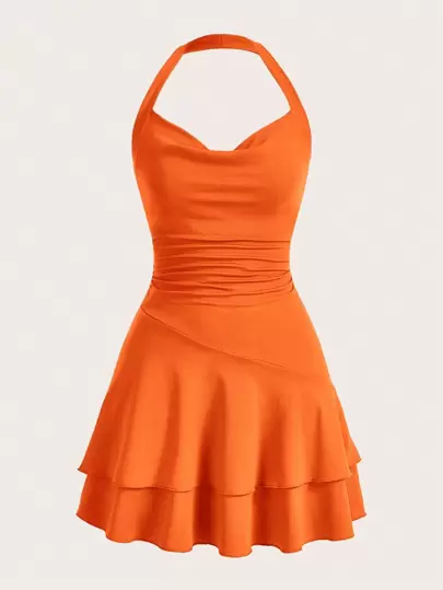 SHEIN MOD Draped Front Ruffle Hem Halter Neck Backless Halter Neck Tie Backless Ruched Ruffle Hem Dress