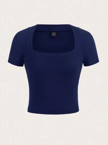 SHEIN EZwear Mùa hè Thư được vá Cổ cao Thả vai Teddy Áo nỉ - Màu xanh hải quân - Xem 1