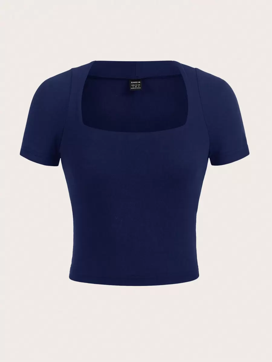 SHEIN EZwear Mùa hè Thư được vá Cổ cao Thả vai Teddy Áo nỉ - Màu xanh hải quân - Xem 1