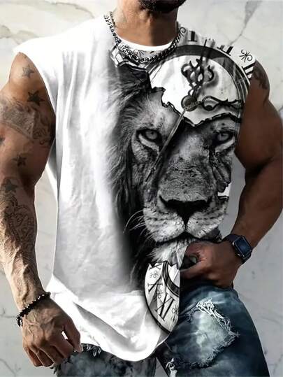 Manfinity LEGND Men Plus Size Lion Print Linne ärmlöst grafiskt Street Wear Linne