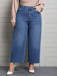 SHEIN Privé 大碼拉鏈門襟闊腿牛仔褲 - 藍色 - 查看 1