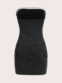 SHEINNeu Belted Tube Bodycon Denim Dress - Black - View 2