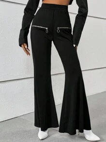 SHEIN Privé Zip Detail Flare Leg Pants - Black - View 2