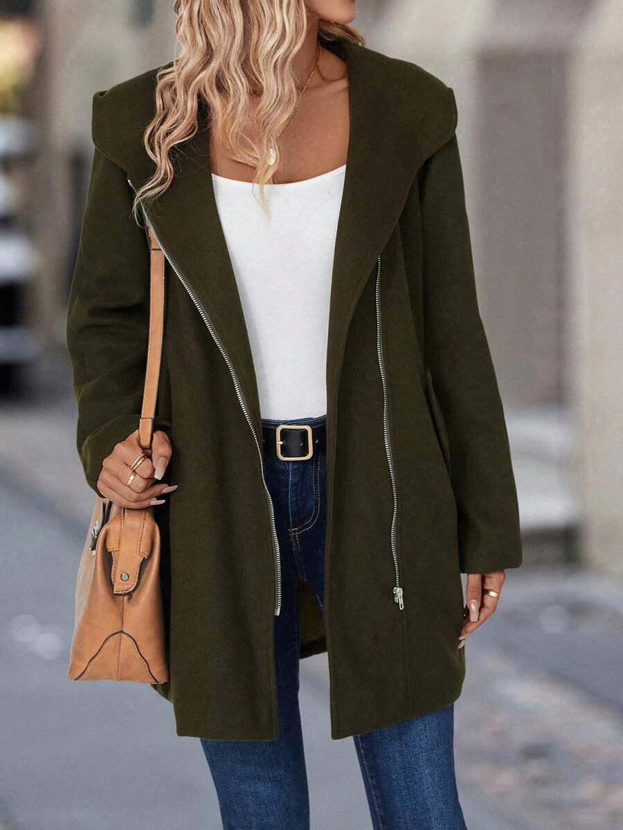 EMERY ROSE Solid Zip Up Hooded Overcoat - Army Green - View 1