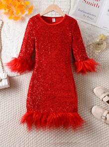 SHEIN 女大童毛茸邊亮片緊身洋裝適用於聖誕 - 紅色 - 查看 1
