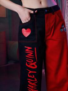 Harley Quinn | ROMWE Letter Graphic Colorblock Flap Pocket Jeans - Multicolor - View 3