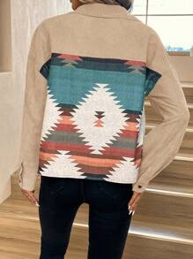 SHEIN LUNE 幾何印花落肩袖翻蓋口袋燈芯絨夾克 - 杏色 - 查看 2