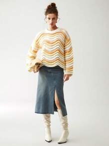 Anewsta Striped Pattern Pointelle Knit Drop Shoulder Sweater Knit Pullover Fall Winter Outfit - Yellow - View 6