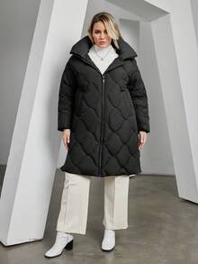 Astrid Plus Size Zip Up Hooded Quilted Padded Coat - Black - View 3