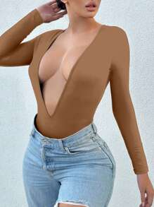 SHEIN SXY 深V領修身T恤緊身連衣褲 - 棕色 - 查看 3