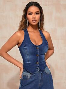 SHEIN BAE Button Front Tank Denim Top