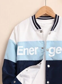 SHEIN Chaqueta cómoda para niño preadolescente con cuello de béisbol y bloque de color - Verde - Ver 3