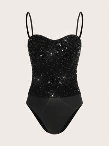 SHEIN ICON 亮片拼接吊帶連體衣 - 黑色 - 查看 1