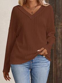 SHEIN LUNE Chất rắn Áo thun Thả vai - Cà phê nâu - Xem 3