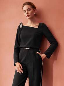 MOTF PREMIUM Nghệ Embellished Vai Nơ Áo sơ mi - màu đen - Xem 8