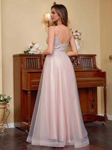 Contrast Lace Mesh Cami Prom & Evening Dresses Sparkly Lace Prom Dresses With Embroidered Spaghetti Strap V Neck Homecoming Dresses For Teens Rhinestone Lace Applique A Line Formal Evening Dresses Floor Length Mesh Ball Gown For Party Zipper Back - Dusty Pink - View 3