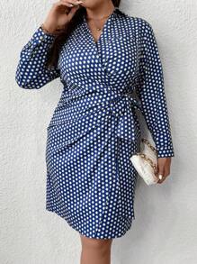 SHEIN Clasi Plus Polka Dot Print Knot Side Wrap Dress - Navy Blue - View 4