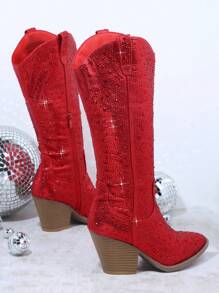 SHUZIA Botas de vaquero rojas hasta la rodilla con brillantes y rhinestones para mujer, lo esencial del invierno y el estilo inspirado en Tayler Swit - Rojo - Ver 4