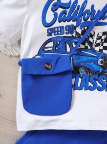 SHEIN Young Girl Car & Letter Graphic Tee & Pants & Bag - Blue - View 6