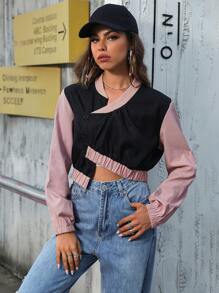 SHEIN Unity Colorblock Asymmetrical Hem Crop Jacket - Multicolor - View 1