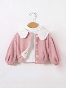 SHEIN 新生女嬰前鈕扣燈籠袖保暖襯裡夾克（無T恤） - 淺粉色 - 查看 1