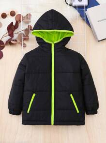 SHEIN Young Boy Zip Up Hooded Padded Coat - Black - View 2