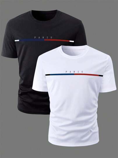 Manfinity Homme 男士 2 件休闲字母图案短袖 T 恤，适合外出，送给朋友