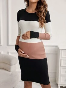 SHEIN Vestido de maternidad de punto acanalado con bloques de color y manga larga, para invierno - Multicolor - Ver 1