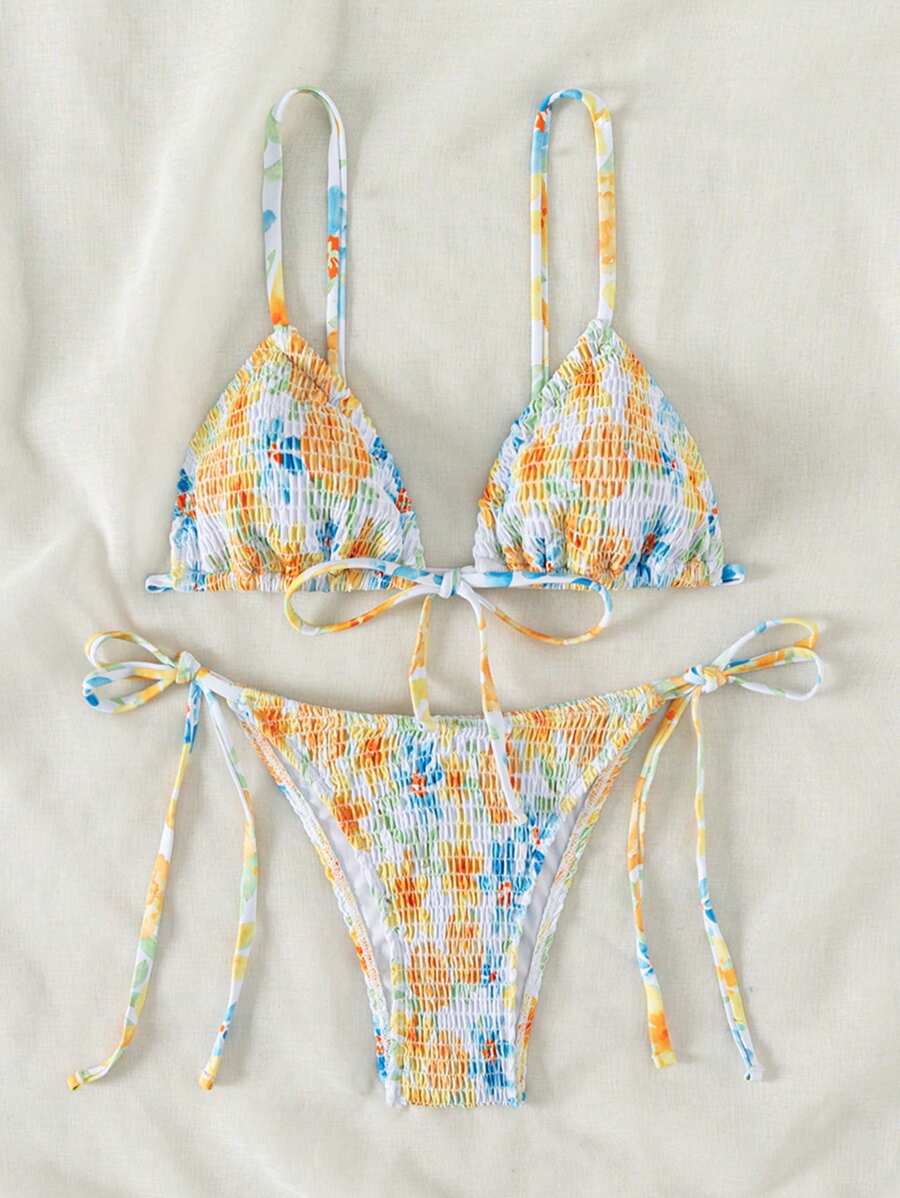 Swim Mod Summer Floral Print Smocked Triangle Tie Side Bikini Set