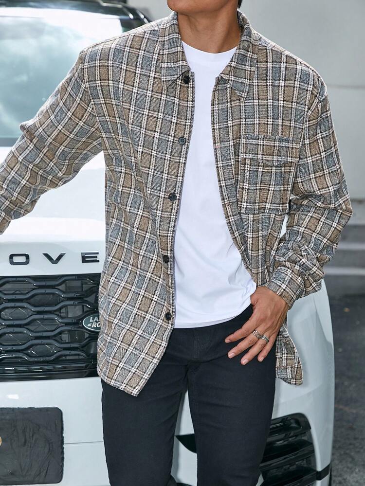 Men Plus Plaid Flap Pocket Overcoat
