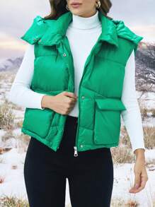 SHEIN LUNE Flap Pocket Hooded Puffer Vest Coat