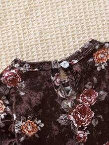 女嬰印花鏤空蕾絲花邊後鎖孔洋裝 - 紅色 - 查看 6