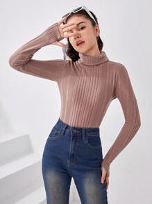 少女針織高領毛茸茸窩紋紋路長袖拇指孔t恤 - 藕粉色 - 查看 3