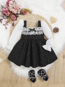 SHEIN 女嬰刺繡網紗邊喇叭袖花卉圖案提花洋裝 - 黑色 - 查看 1