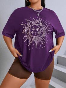 SHEIN EZwear Plus Sun & Moon Print Drop Shoulder Tee - Purple - View 2