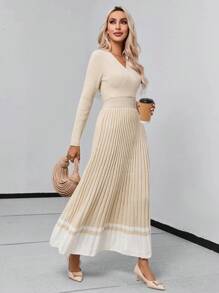 SHEIN Privé 撞色交疊領百褶下擺毛衣洋裝 - 卡其色 - 查看 4