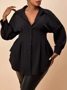 Maweii Plus Size Women Solid Color Bishop Sleeve Gathered Waist A-Line Black Sexy Long Sleeve Shirt Cardigan