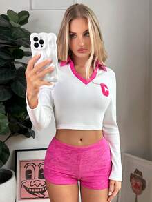 SHEIN EZwear 字母貼布拼接領短款T恤 - 白色 - 查看 5