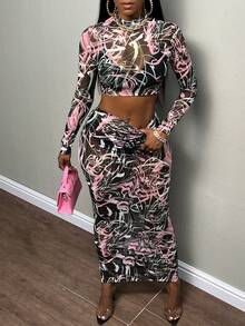 Slaydiva 滿版印花短款網紗上衣&褶邊鉛筆裙 - 彩色 - 查看 5