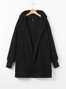 SHEIN EZwear Plus Drop Shoulder Hooded Teddy Coat - Black - View 1