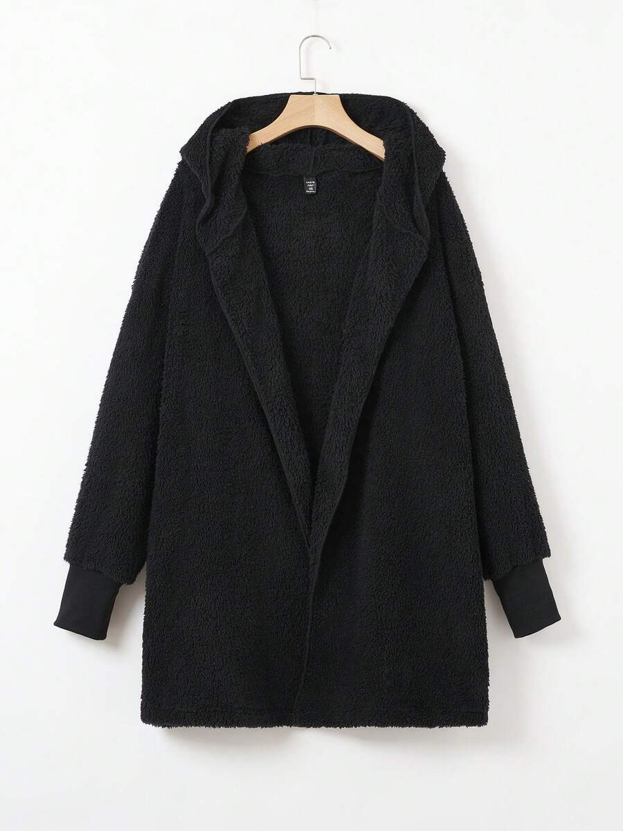 SHEIN EZwear Plus Drop Shoulder Hooded Teddy Coat - Black - View 1