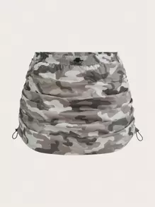 SHEIN EZwear 大碼迷彩印花側抽繩半身裙 - 彩色 - 查看 1