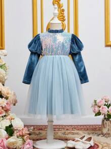 SHEIN 女小童亮片拼接羊腿袖網紗邊洋裝 - 彩色 - 查看 1