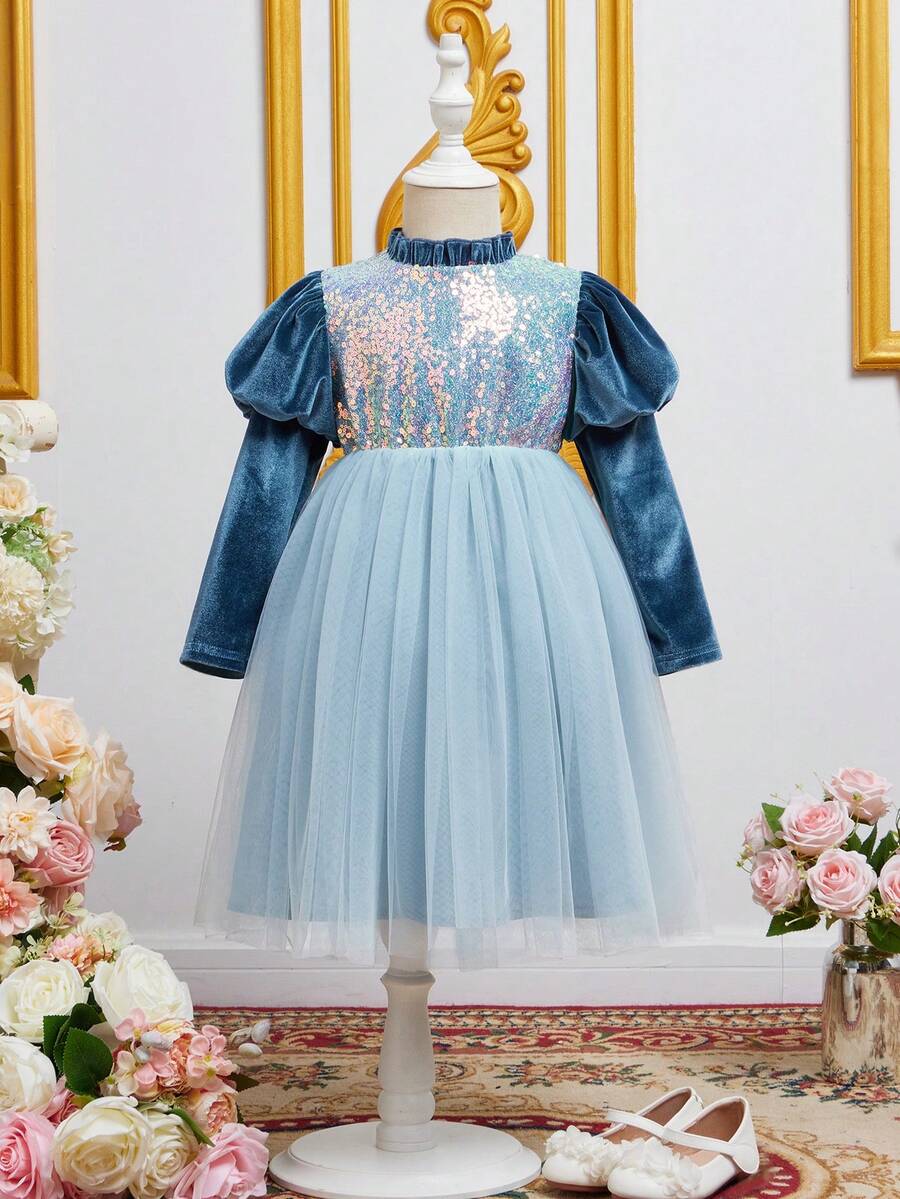 SHEIN 女小童亮片拼接羊腿袖網紗邊洋裝 - 彩色 - 查看 1