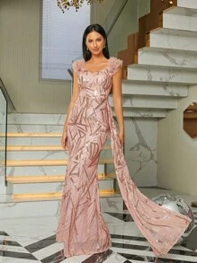 Missord 荷葉邊亮片正式洋裝 - 玫瑰金 - 查看 1