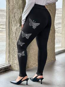 SHEIN Privé Plus Rhinestone Butterfly Pattern Leggings - Black - View 2