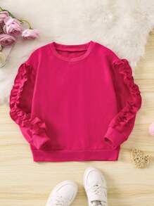 SHEIN Cô gái Viền Ruffle Thả vai Áo nỉ - Màu Hồng Tươi - Xem 1