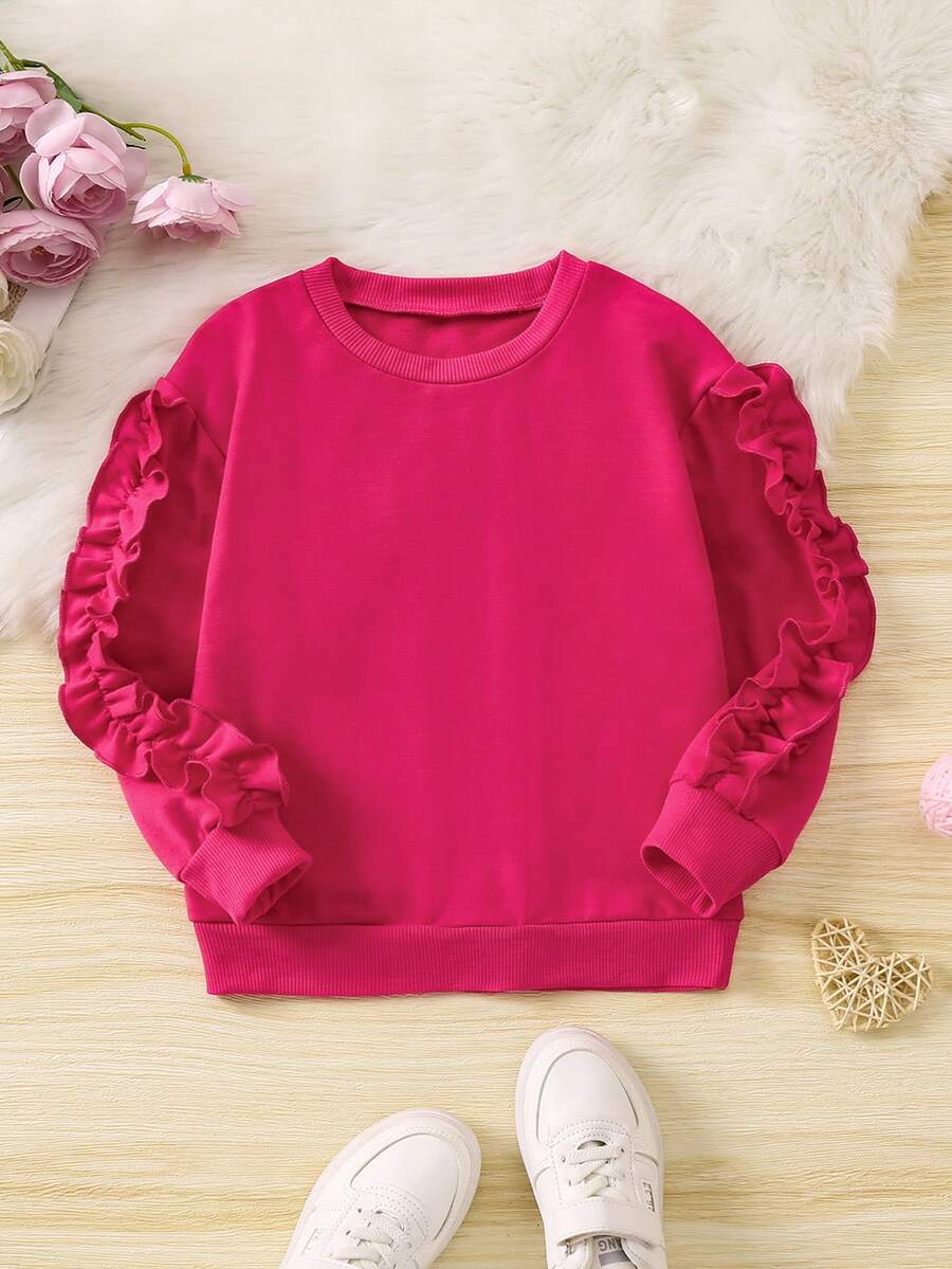 SHEIN Cô gái Viền Ruffle Thả vai Áo nỉ - Màu Hồng Tươi - Xem 1